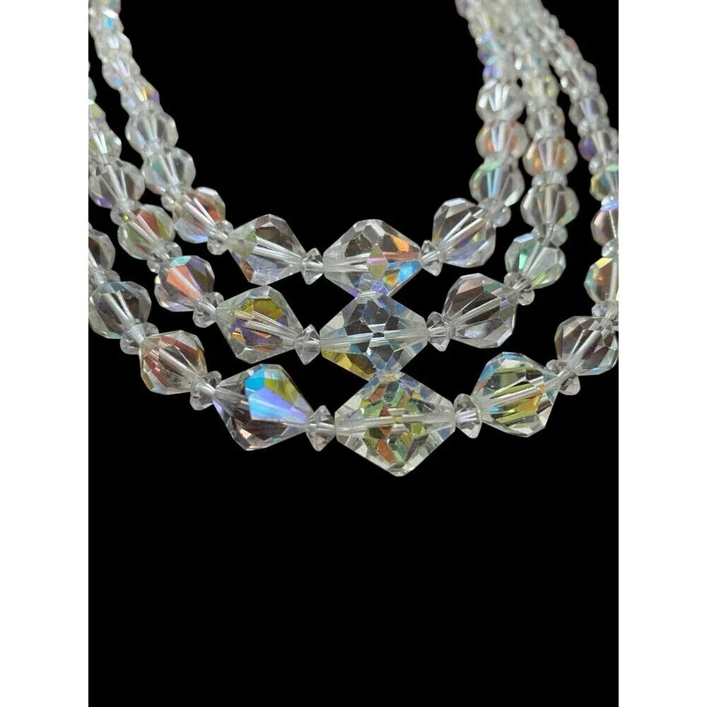 Vintage Necklace Triple Strand Aurora Borealis Graduated  Faceted Up to 17